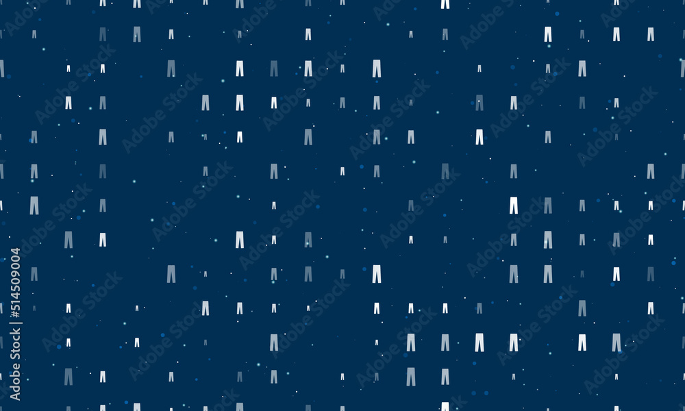Poster Seamless background pattern of evenly spaced white pants symbols of different sizes and opacity. Vector illustration on dark blue background with stars