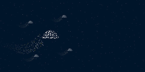 Fototapeta na wymiar A cloche symbol filled with dots flies through the stars leaving a trail behind. Four small symbols around. Empty space for text on the right. Vector illustration on dark blue background with stars
