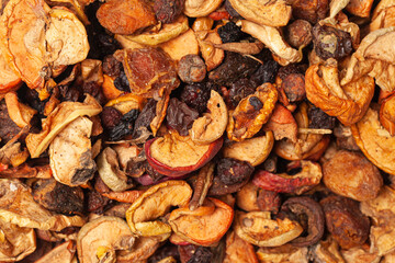 Dried fruits, apples, pears, apricots, plums,grapes,raisins, background top view.