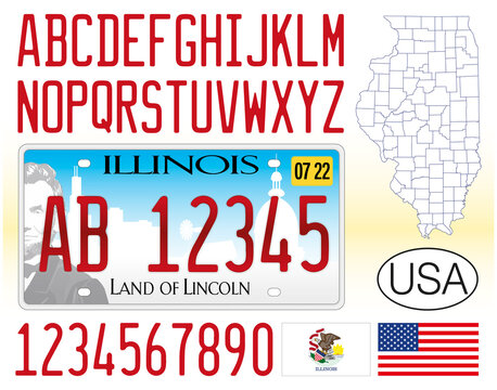 Illinois car license plate, United States, letters, numbers and symbols, vector illustration