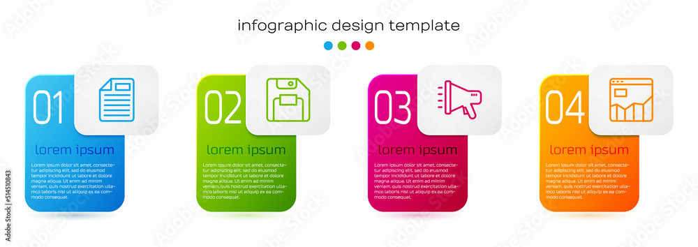 Poster set line file document, floppy disk, megaphone and graph chart infographic. business infographic tem