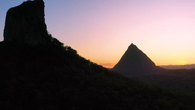 Aerial view of Mt Coonowrin and Mt Beerwah, Glass House Mountains, Sunshine Coast Hinterland, Queensland, Australia.