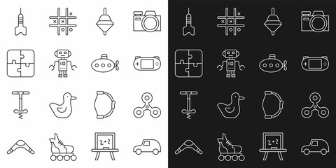 Set line Toy car, Fidget spinner, Portable video game console, Whirligig toy, Robot, Puzzle pieces, Dart arrow and Submarine icon. Vector