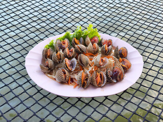 The cockle seafood on net among the river