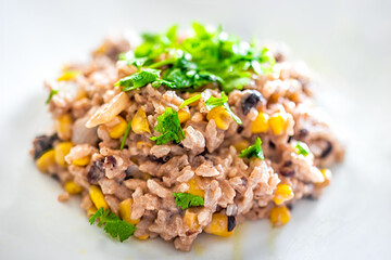 Macro closeup of creamy rice and black bean dish with cilantro and corn vegetables as healthy meal on white plate showing texture and detail