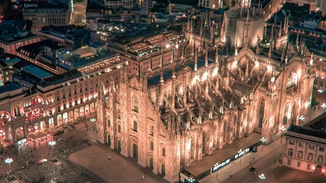 Aerial Close Up View Of Milan Cathedral Illuminated Piazza Del Duomo Di Milano And Galleria Vittorio Emanuele City Center Of Milano At Dusk	