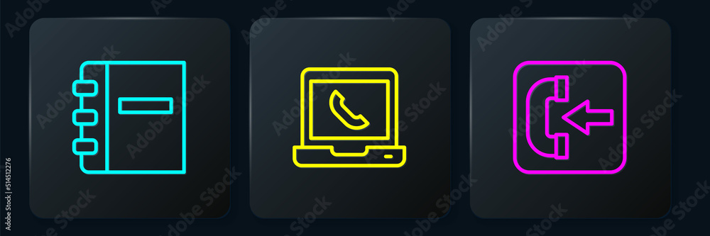Aufkleber set line notebook, incoming call phone and telephone 24 hours support. black square button. vector