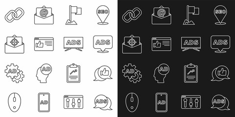 Set line Advertising, Customer product rating, Location marker, Browser window, Mail and e-mail, Chain link and icon. Vector