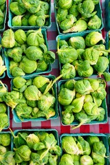 Containers of fresh organic green Brussels sprouts at the farmers market