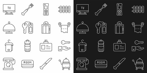Set line Covered with tray, Hotel door lock key, Toilet paper roll, Remote control, Smart Tv and Lift icon. Vector