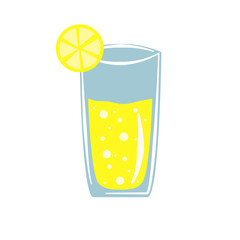 Illustration of a summer cocktail with a slice of lemon fruit isolated on white background.  Design and textile , print, banner, logo.