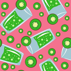 Illustration seamless pattern summer juice or cocktail with fruit slices kiwi on pink background .  Napkin print, tablecloth, summer print for clothing, product label.