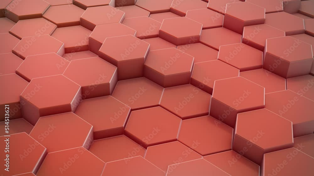Poster orange red hexagon background footage. moving colorful mosaic chaotic animation. hi-tech isometric v