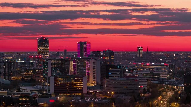 Aerial close-up of Bucharest business district at vibrant sunset dusk