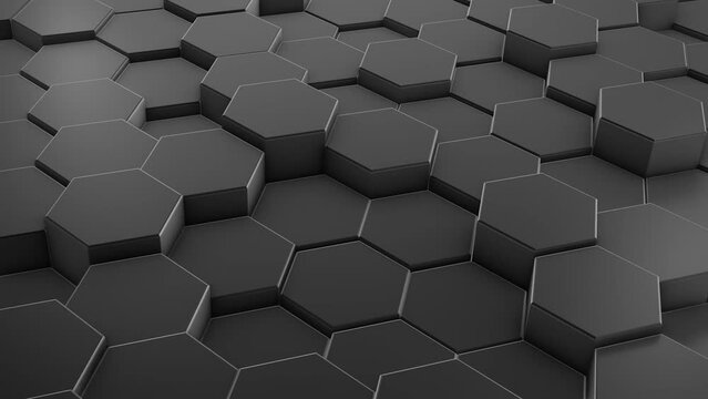 Black hexagon background footage. Moving colorful mosaic chaotic animation. Hi-tech isometric view geometric hexagonal backdrop.