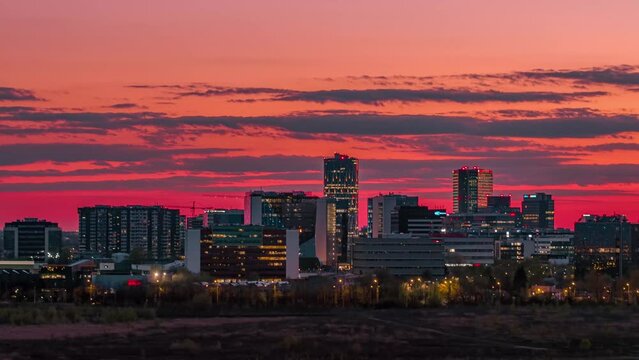 Establishing Aerial shot Of Bucharest City Skyline With A Beautiful Sunset Sky 