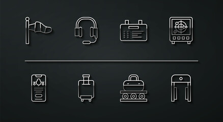 Set line Cone meteorology windsock, Mobile with ticket, Radar targets monitor, Conveyor belt suitcase, Suitcase, Headphones microphone, Metal detector airport and Airport board icon. Vector