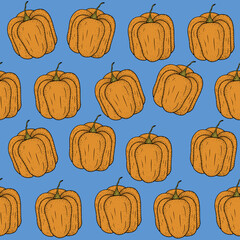 Seamless pattern with pumpkin in the row on blue background. Graphic pumpkin illustration
