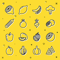 Set line Watermelon, Orange fruit, Green peas, Tomato, Fresh cucumber, Lemon and Beet icon. Vector