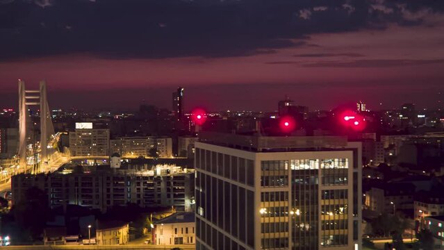Aerial close up view of Bucharest Basarab bridge overpass at night 