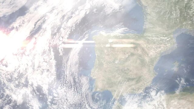 Earth zoom in from outer space to city. Zooming on Tarragona, Spain. The animation continues by zoom out through clouds and atmosphere into space. Images from NASA