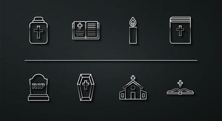 Set line Funeral urn, Tombstone with RIP written, Holy bible book, Church building, Coffin cross, and Burning candle icon. Vector