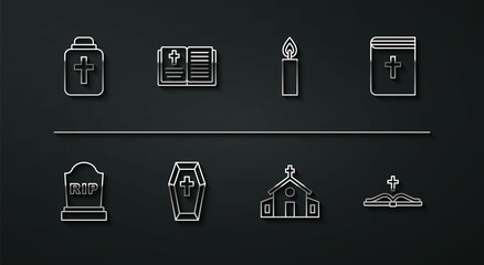 Set line Funeral urn, Tombstone with RIP written, Holy bible book, Church building, Coffin cross, and Burning candle icon. Vector