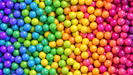 Colorful glossy candy balls background. Rainbow gradient bright balls with glossy reflections. Vector background