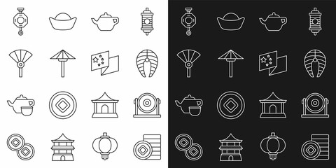 Set line Chinese Yuan currency, Gong, Fish steak, ceremony, Japanese umbrella from the sun, or japanese folding fan, paper lantern and China flag icon. Vector
