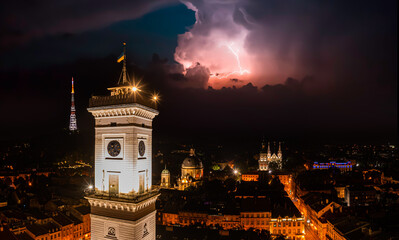 Fototapeta premium Aerialdrone with lightning on the sky