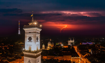 Fototapeta premium Aerialdrone with lightning on the sky