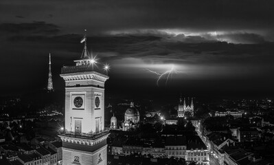 Fototapeta na wymiar Aerialdrone with lightning on the sky