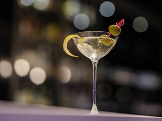 martini glass on the desk at the bar