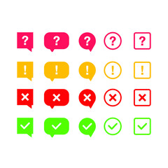 Icon set of check mark, cross, question mark, exclamation point, FAQ sign.