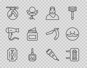 Set line Blade razor, Barber shop pole, Client in barbershop, Dustpan, Barbershop with, Cream cosmetic jar, Electrical hair clipper and Mustache icon. Vector