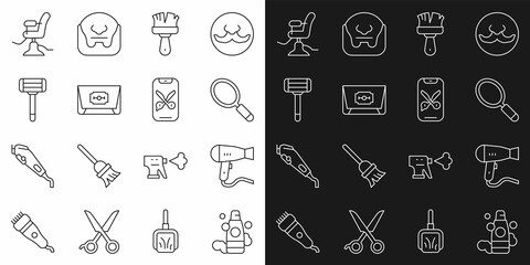 Set line Bottle of shampoo, Hair dryer, Hand mirror, Shaving brush, Blade razor, Barbershop chair and online service platform icon. Vector