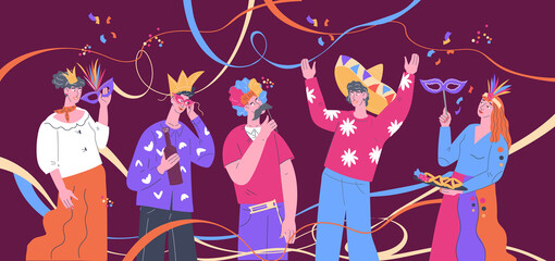 Carnival and music festival banner mockup with people in funny masquerade masks, flat vector illustration. People celebrating Purim, Mardi Gras festival or other festive event with carnival march. © Мария Гисина