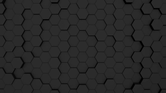 Black hexagon background footage. Moving colorful mosaic chaotic animation. Hi-tech top view geometric hexagonal backdrop.