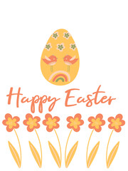 Cute Happy Easter greeting card. Vector simple illustration with egg and spring flowers. Set with calligraphic inscription inside. Isolated on white background