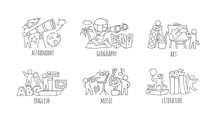 School subjects icons with doodle people