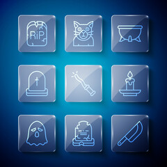 Set line Ghost, Tombstone with RIP written, Knife, Halloween witch cauldron, Magic wand, and Burning candle icon. Vector