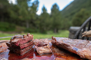 Typical Uruguayan and Argentine Asado Cooked on fire. Entrana and Vacio meat cuts. Accompanied with...