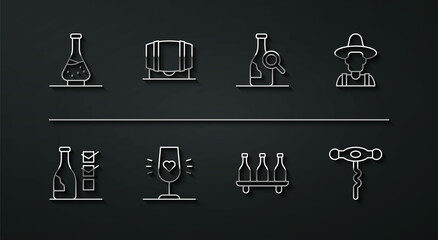 Set line Decanter for wine, Bottle of, Farmer the hat, Wine glass, Wooden barrel, corkscrew and icon. Vector
