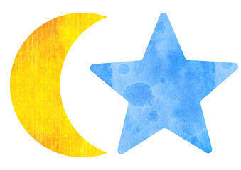 moon, star - individual elements isolated on white background. Modern abstract boho shapes with watercolor texture. Aesthetic geometric forms
