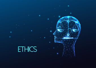 Concept of personal ethics, core values with human head and scale symbol in futuristic glowing style