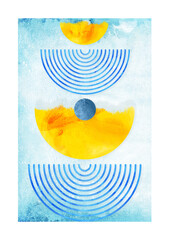 Boho watercolor illustration. Set of abstract modern art with simple geometric shapes, lines and circles. Boho in a minimalist style for poster, T-shirt printing, cover, banner