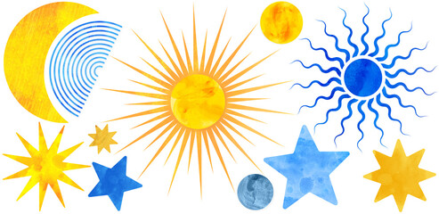 moon, sun, star - individual elements isolated on white background. Modern abstract boho shapes with watercolor texture. Aesthetic geometric forms