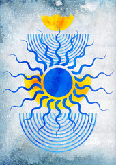 Boho watercolor illustration cute sun mystical drawing for astrology. Set of abstract modern art with simple geometric shapes, lines and circles. Boho in a minimalist style for poster, T-shirt