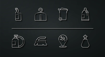 Set line Dishwashing liquid bottle, Bottle for cleaning agent, Home service, Brush, Hanger wardrobe, Garbage bag and Trash can icon. Vector