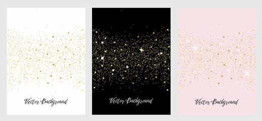 Sparkling falling gold dust with gold stars. Set of vector  backgrounds with glitter and space for text	